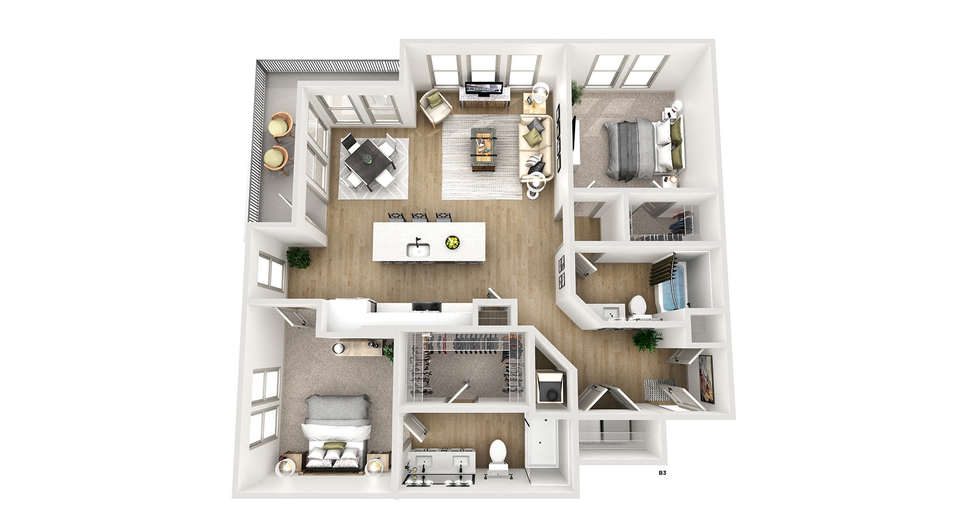 Floor plan for 2 beds, 2 baths, 1257 sqft